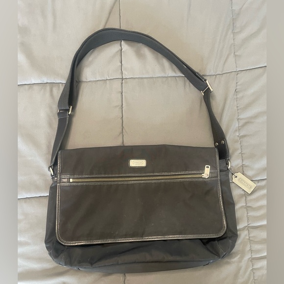 Coach Black Messenger Bag nylon with leather trim - Picture 1 of 12